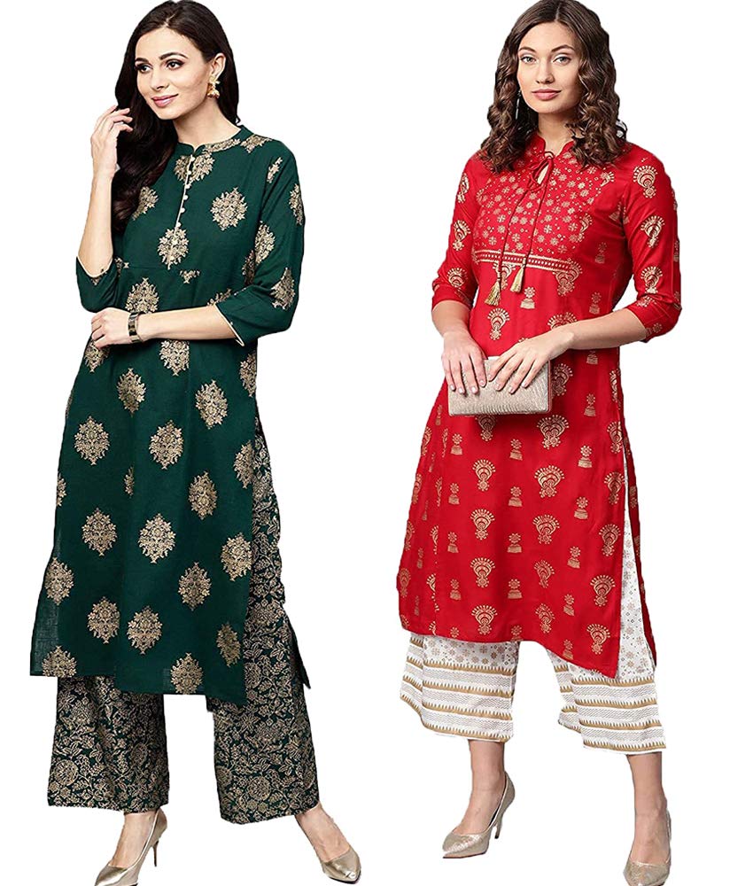Gosriki Women'S Printed Straight Kurta With Palazzo (Khaman & Ankudi_Xxl) Multicolour,Multicolour,2,B091C43BSL