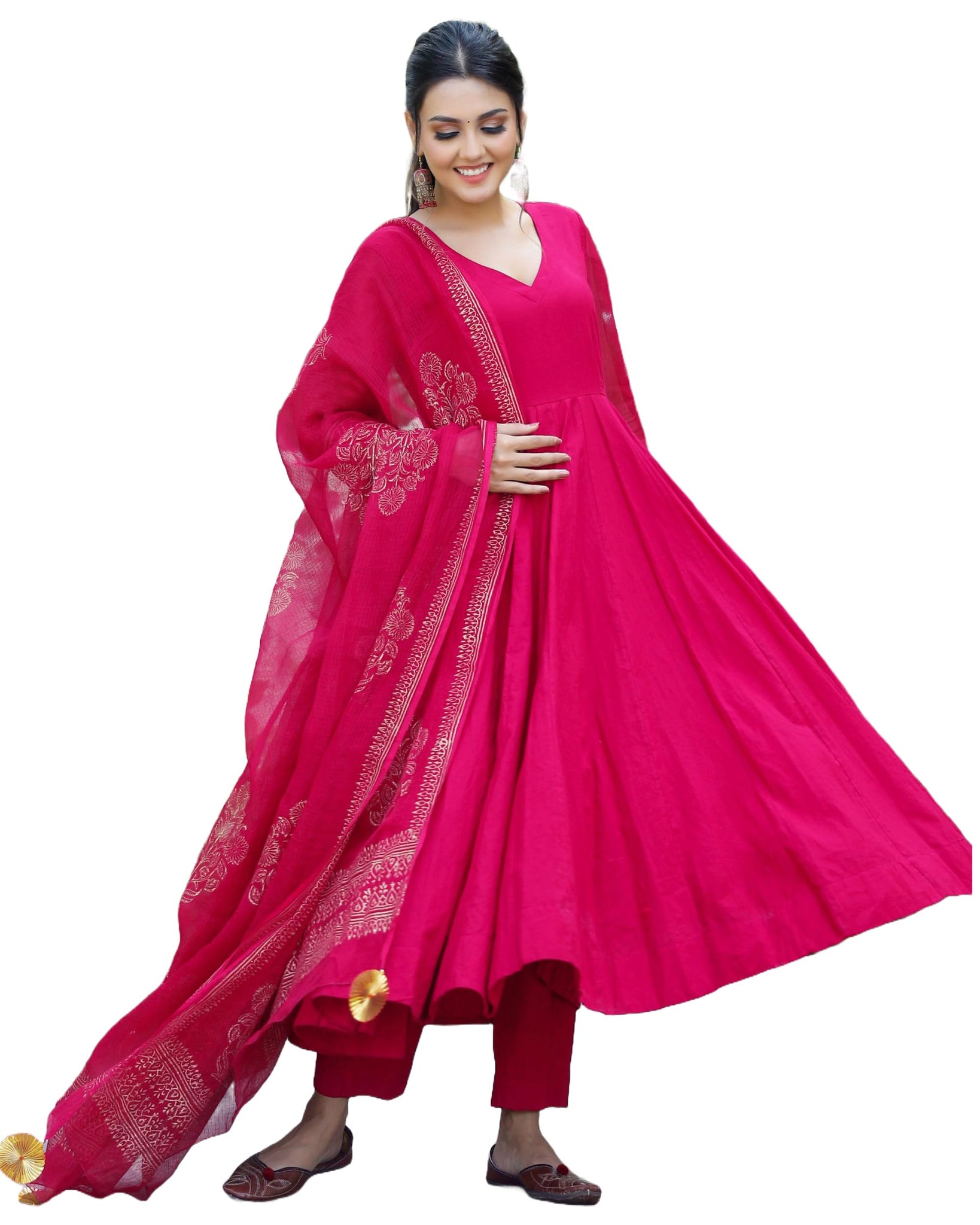 Gosriki Women'S Cotton Blend Solid Anarkali Kurta With Pant & Dupatta (Magic-Pink-Nw-Gs_S_Pink_Small),Pink,,B0CRL56V3W