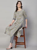 Anni Designer Women'S Cotton Blend Straight Printed Kurta With Pant (B12 Cream_L_Cream_Large),Cream,L,,,