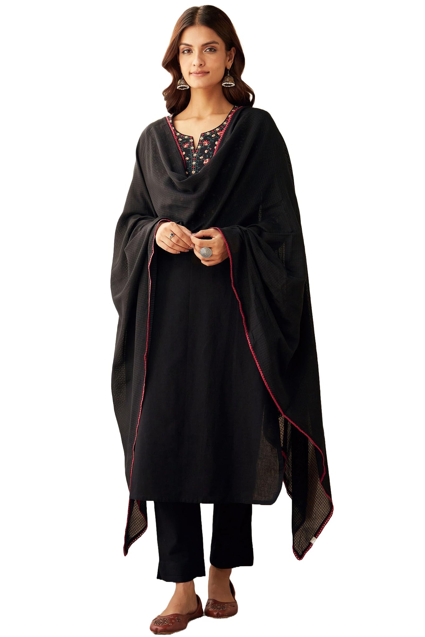Gosriki Women'S Rayon Blend Embroidered Straight Kurta With Pant & Dupatta (Sikha Black-Gs_S_Black_Small),Black,,B0DP9ZMB7K