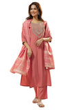 Libas Gerua Womens Embroidered Silk Blend Straight Kurta With Trousers And Dupatta