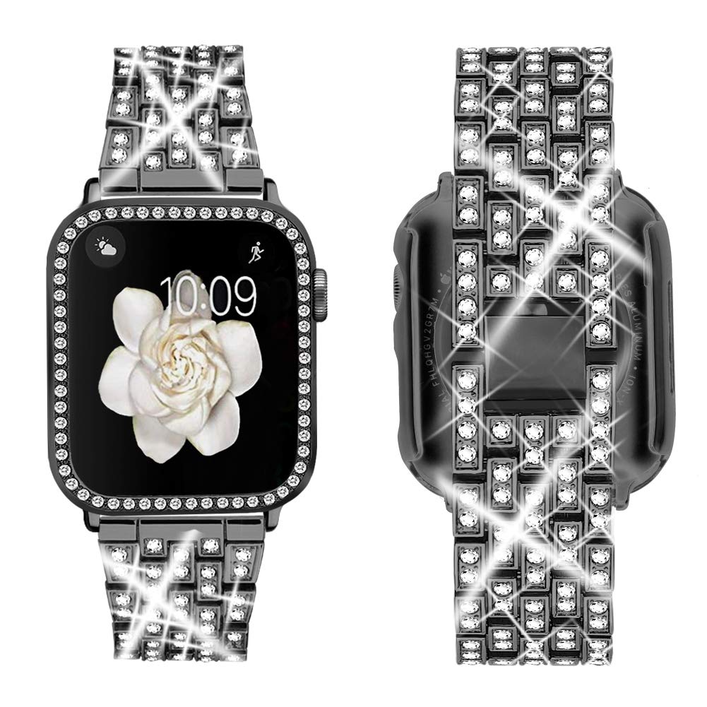 SUPOIX Compatible with Apple Watch Band 41mm + Case, Women Jewelry Bling Diamond Replacement Metal Strap & Soft TPU Bumper Prote