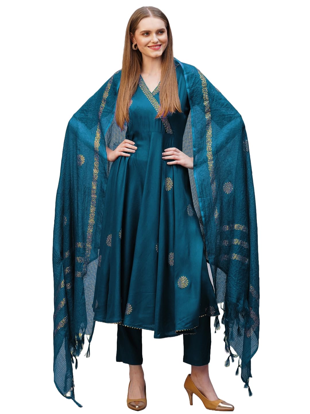Gosriki Women'S Rayon Blend Anarkali Printed Kurta With Pant & Dupatta (Berlin Kerosin-Nb-Gs_Xl_Dark Blue_X-Large),Dark Blue,,B0DJ3B7HWY
