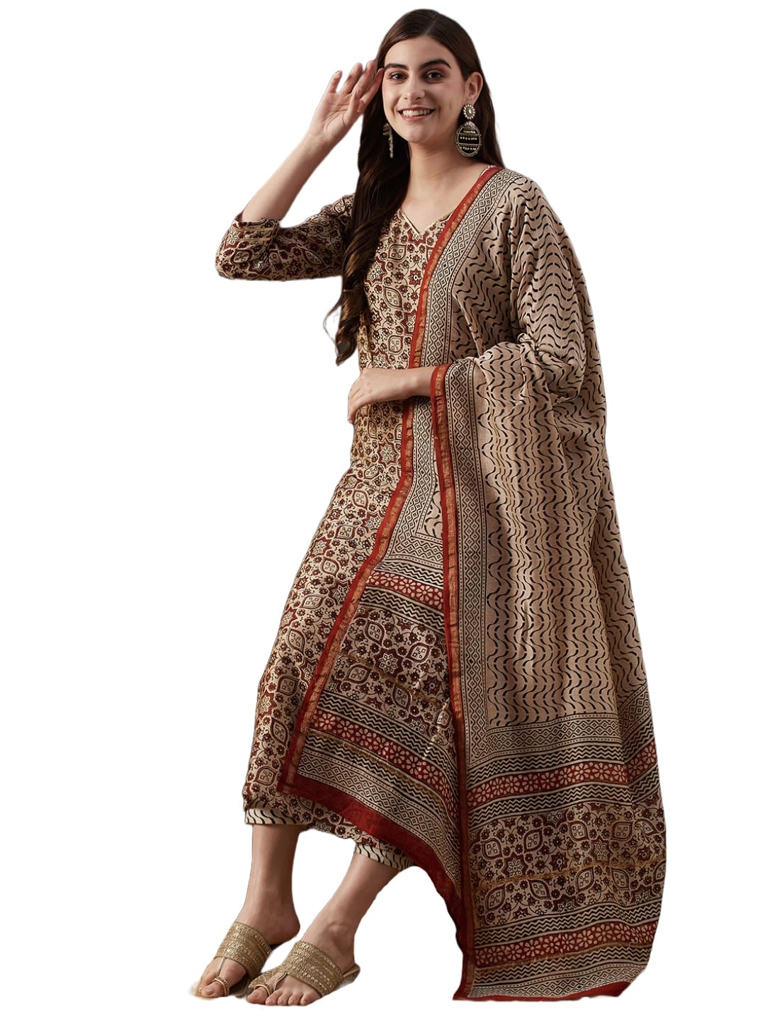 Anni Designer Women'S Cotton Blend Straight Printed Kurta With Pant & Dupatta (Kalpa Beige_S_Beige_Small),Beige,S