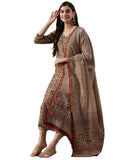 Anni Designer Women'S Cotton Blend Straight Printed Kurta With Pant & Dupatta (Kalpa Beige_S_Beige_Small),Beige,S