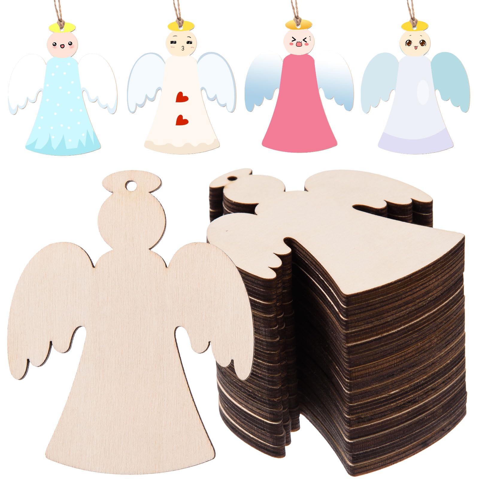 AWIZOM 60 Pcs Unfinished Christmas Angel Wooden Ornaments Wooden Christmas Cutouts to Paint Blank Wood Angel Slices with Twine f