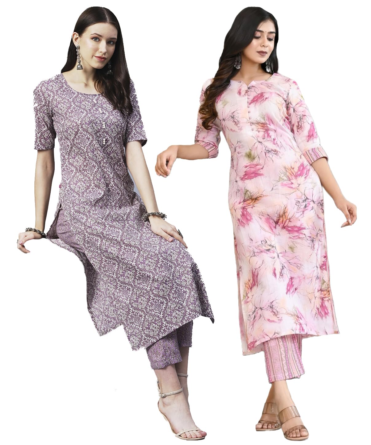 Anni Designer Women'S Cotton Blend Printed Straight Kurta With Pant Pack Of 2 (Combo-Ps Pink-Batakali Purple_Multicolor_X-Large),Multicolour,XL