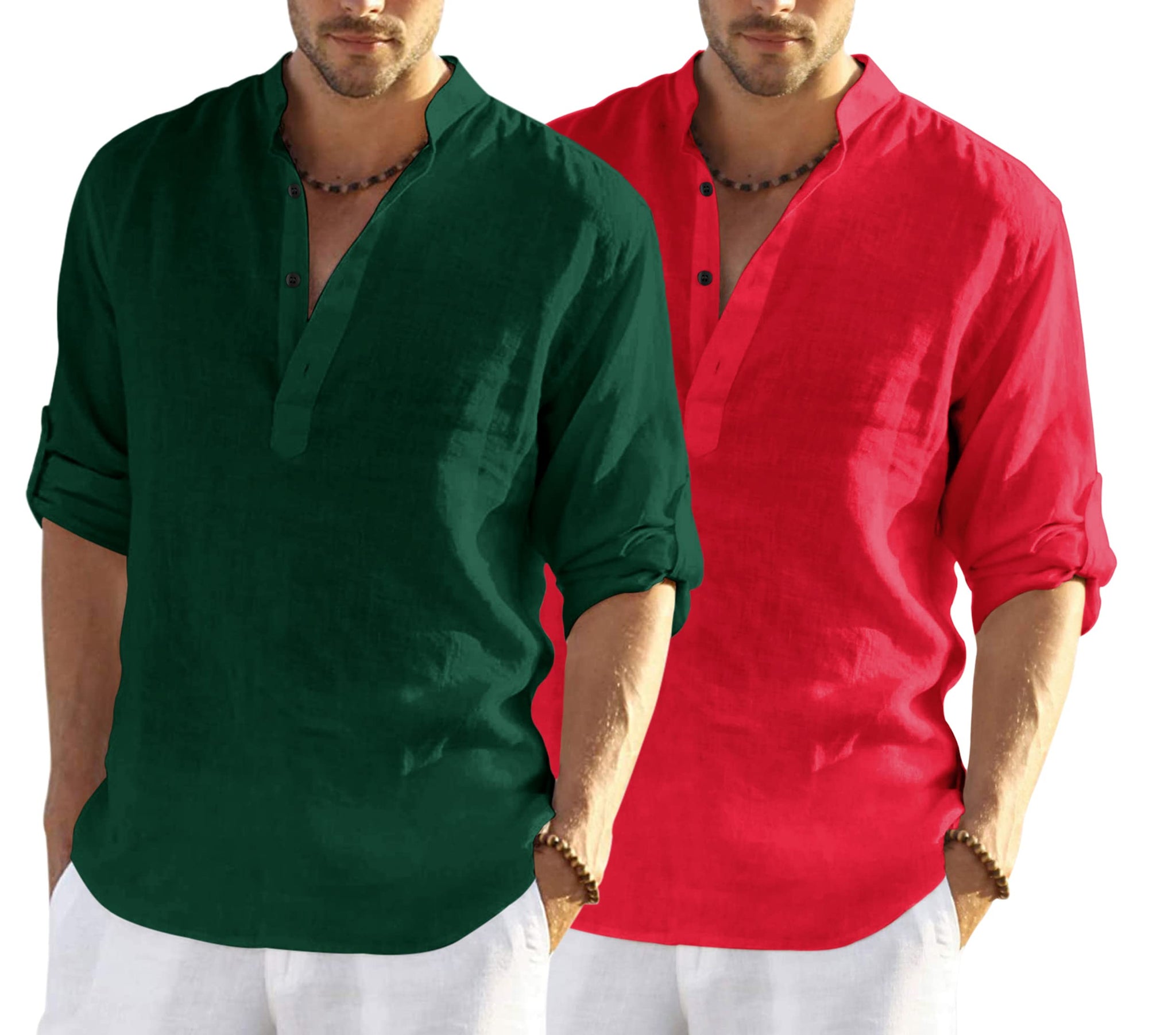 Bellstone Men'S Solid Regular Fit Dress Shirt (Kurta800_Combo_Dark Green_Red_Xl