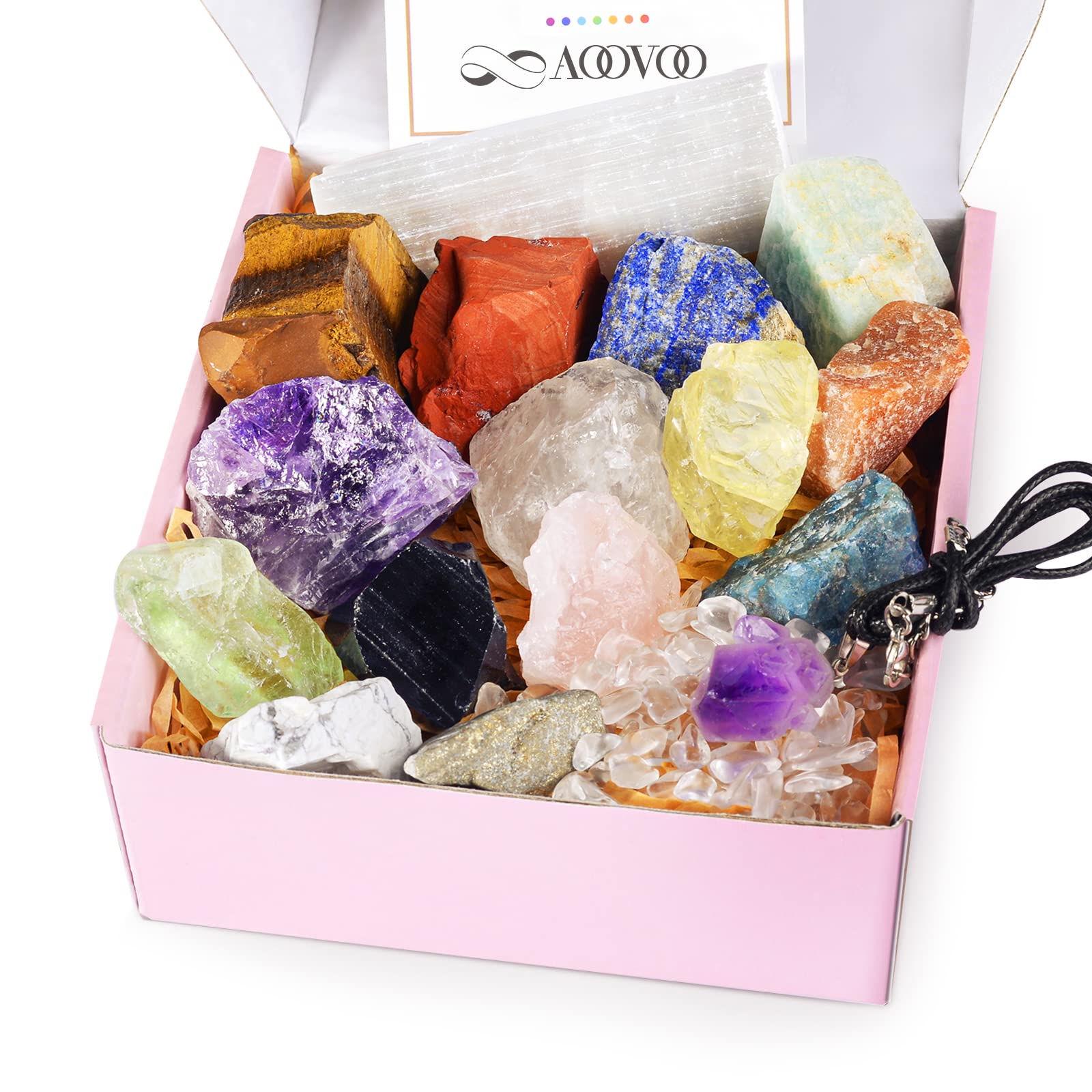 Aoovoo 17Pcs Crystals And Healing Stones, 14Pcs Real Raw Chakra Stones Set, Selenite Charging Plate, Amethyst Necklace, Rose Qua