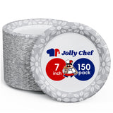 JOLLY CHEF 7 inch Disposable Paper Plates 150 Pack Heavy Duty Printed Dessert Plates for Everyday Use, Soak Proof, Cut Proof