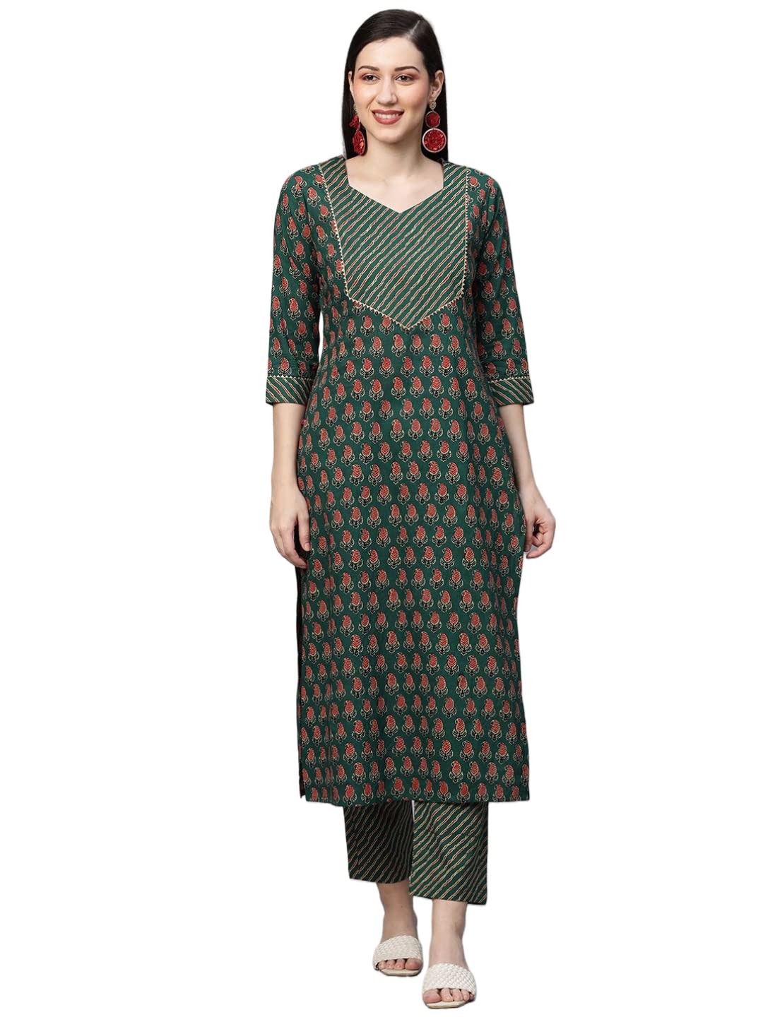 Anni Designer Women'S Cotton Blend Printed Straight Kurta With Pant (Jinki-Light Green_M_Dark Blue_Medium),Light Green,M