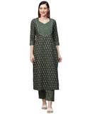 Anni Designer Women'S Cotton Blend Printed Straight Kurta With Pant (Jinki-Light Green_M_Dark Blue_Medium),Light Green,M