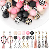 JarThenaAMCS Leopard Print and Cow Print Silicone Beads for Keychain Making Kit with 15mm Assorted DIY Silicone Beads Leather Ta