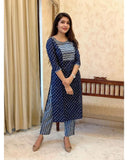 Anni Designer Women'S Cotton Blend Straight Printed Kurta With Pant (Kuhoo Blue_3Xl_Blue_Xxx-Large),Blue,3XL,Cotton Blend,Regular,Kurta