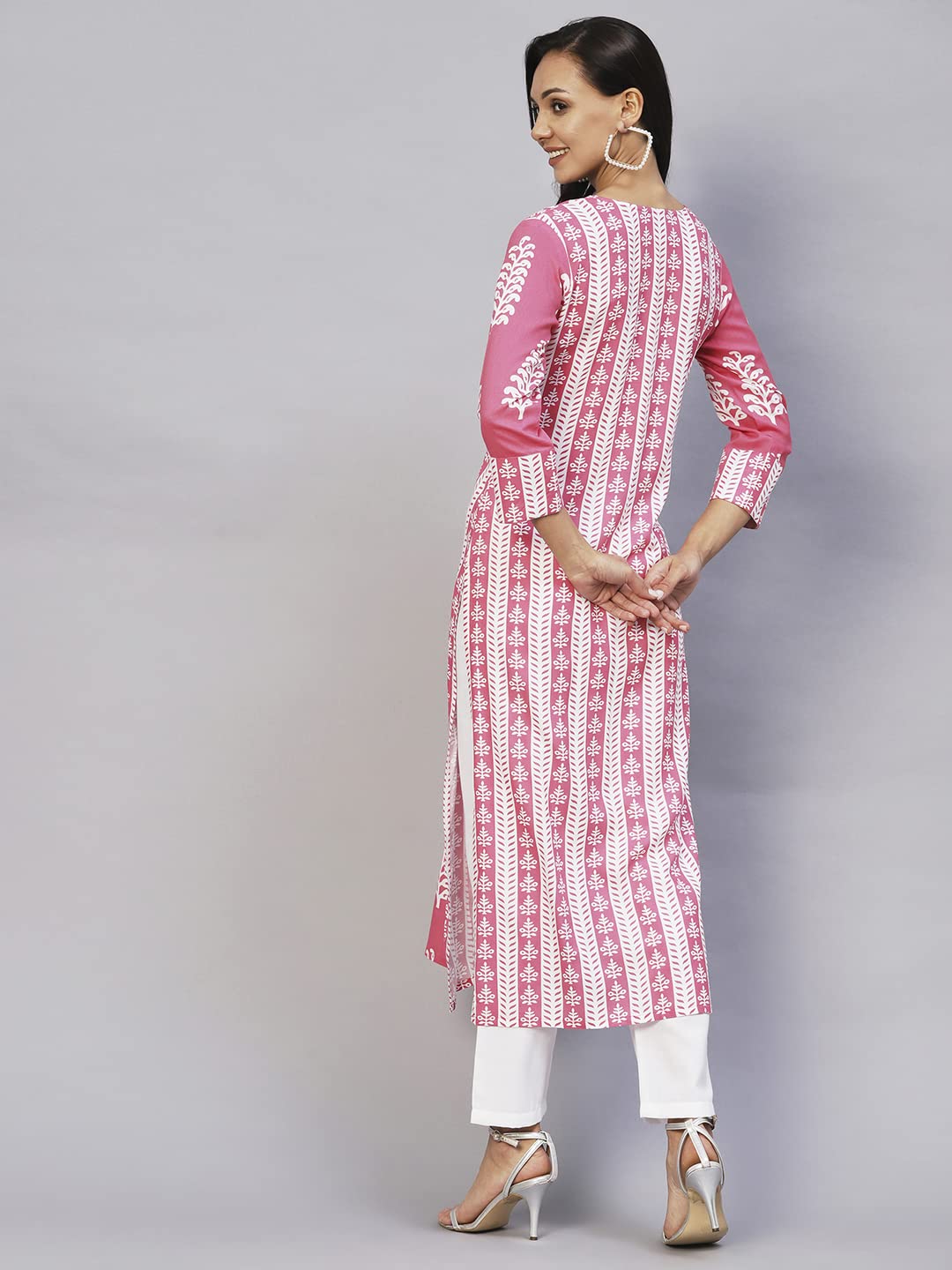 Anni Designer Women'S Rayon Printed Straight Kurta (Oni101 White-Nw_M_Pink_Medium),Pink,M,Rayon,Regular,Kurta