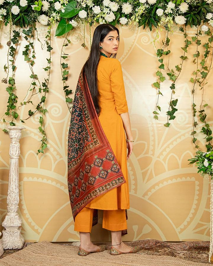 Anni Designer Women'S Cotton Blend Anarkali Solid Kurta With Pant & Dupatta (Jassu Yellow_S_Yellow_Small),Yellow,S,Cotton Blend,Anarkali,
