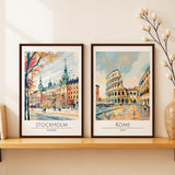 SoulAbiti Stockholm Street Life & Rome Colosseum Framed Wall Art Print Set of 2 12x18 inch Dark Brown Frame PlexiGlass Polaroid