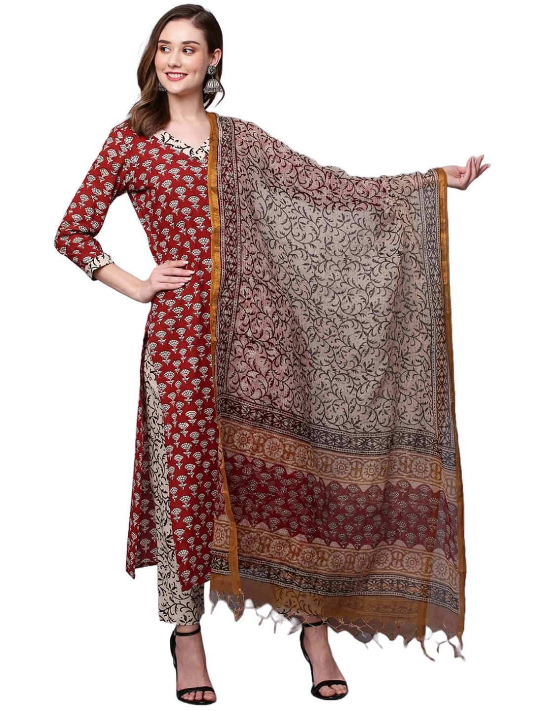 Anni Designer Women'S Cotton Blend Straight Printed Kurta With Pant & Dupatta (Nirupa Maroon_S_Maroon_Small),Maroon,S