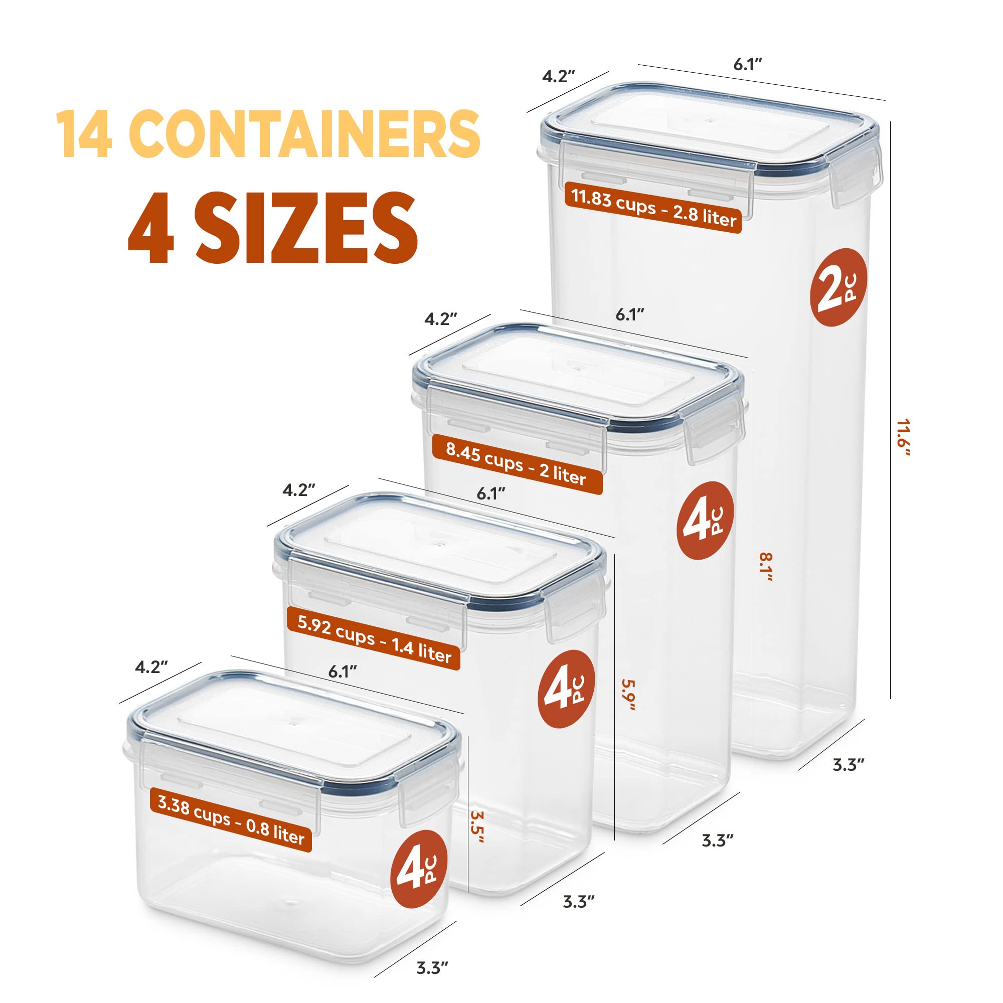 14 Pack Airtight Food Storage Container Set - BPA Free Clear Plastic Kitchen and Pantry Organization Canisters with Durable Lids