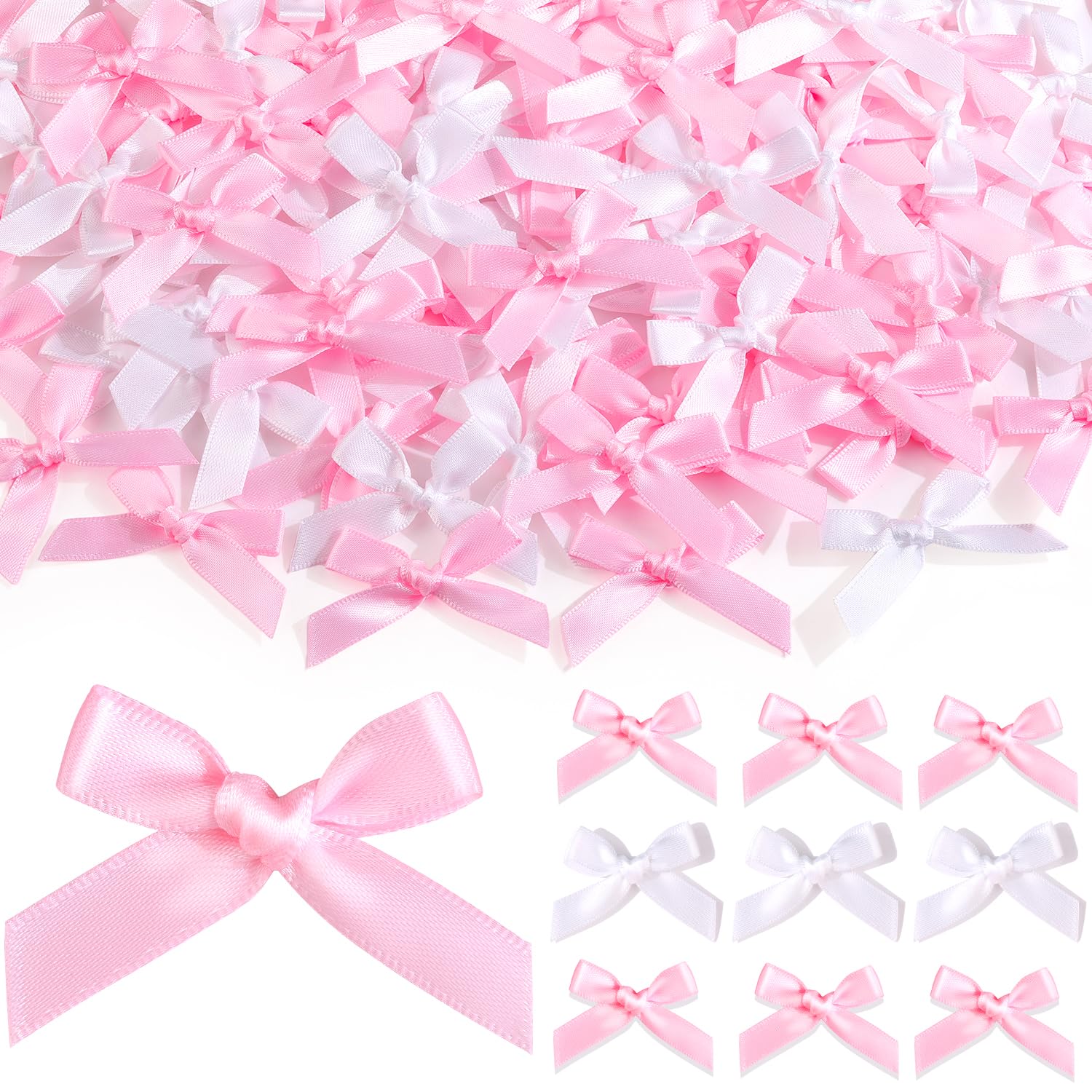 100PCS Tinkrstuff Pink & White Mini Bows for Crafts,1.5*2 Fabric Small Bows for Decoration,Satin Ribbon Tiny Bow for Clothes, Ch