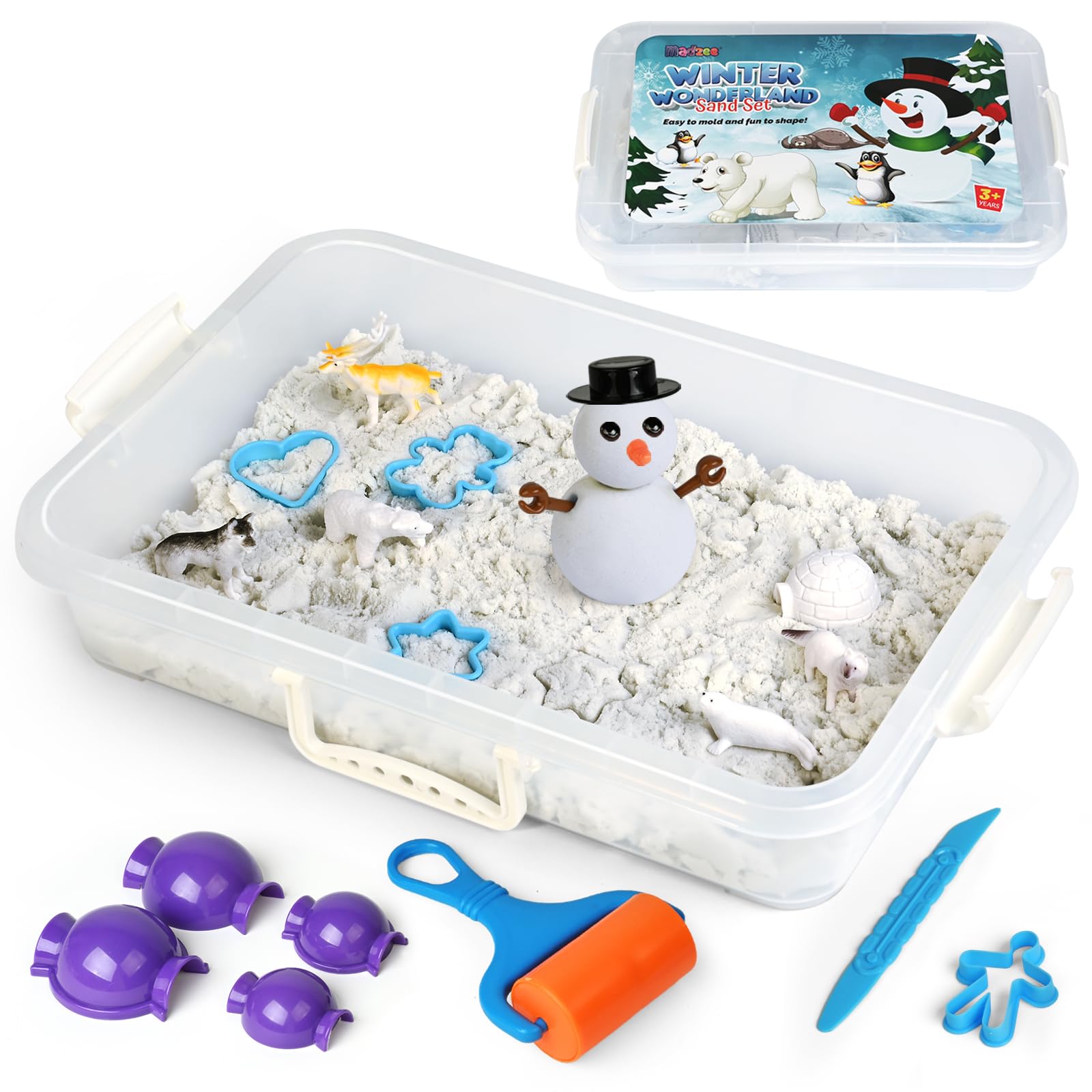 Winter Wonderland Snow Sand Playset, Creativity Toy Sensory Bin with Arctic Animal Figures, 2 Lbs of Sand and Snowman Molds for 