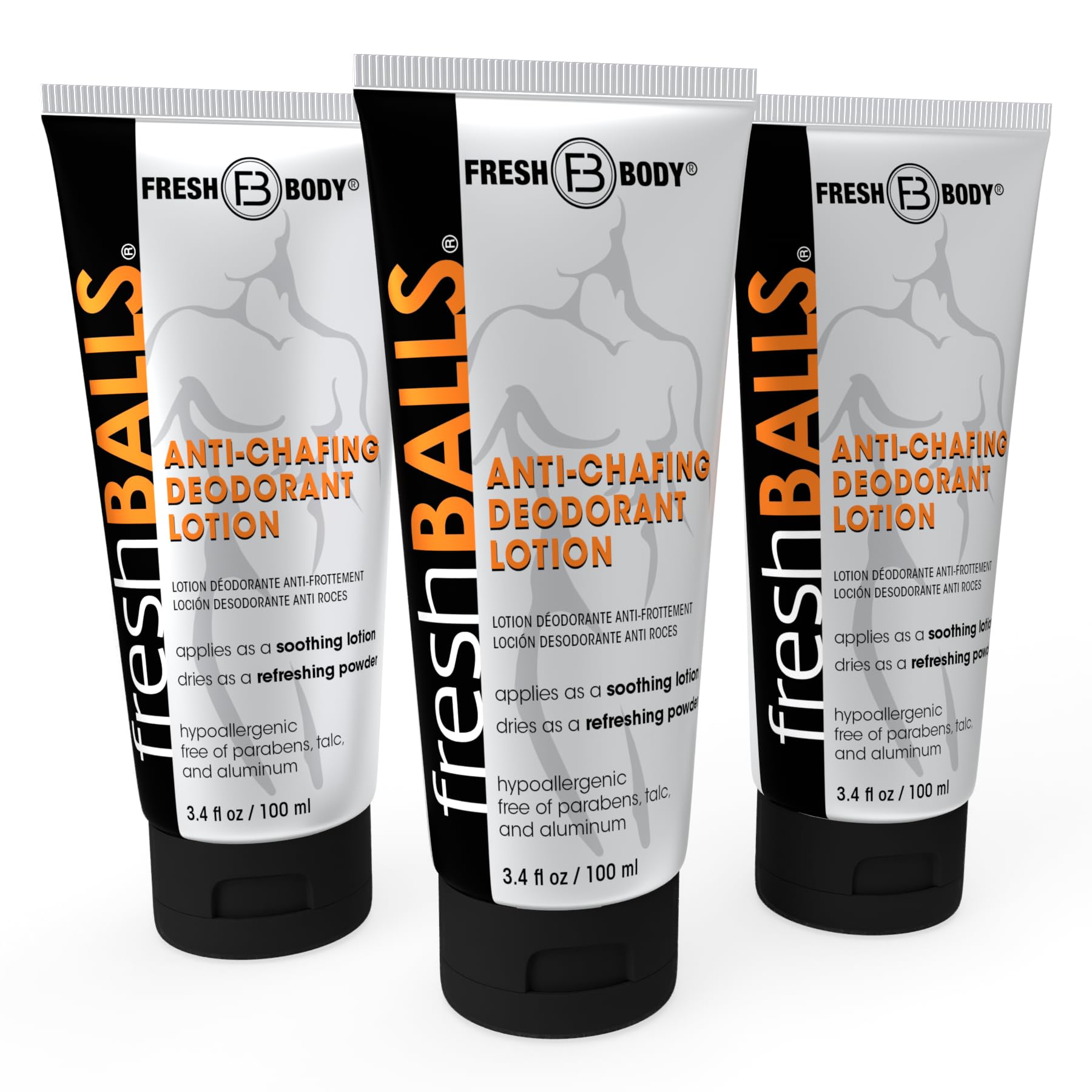 Fresh Body FB - Fresh Balls Lotion, 34 fl oz (3 Pack) Anti-chafing Mens Soothing cream to Powder Balls Deodorant and Hygiene fo