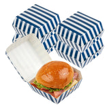 Restaurantware 2.8 x 2.8 x 2 Inch Mini Burger Boxes 100 Clamshell Food Containers - Hinged Lid Striped Blue And White Paper Take