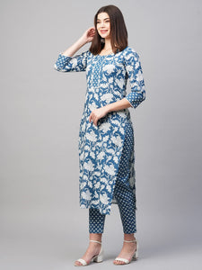 Gosriki Women'S Cotton Blend Printed Straight Kurta With Pant (Pustak Blue-Gs_3Xl_Blue_Xxx-Large),Blue,3,B0BV77MF2V