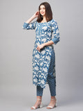 Anni Designer Women'S Cotton Blend Printed Straight Kurta With Pant (Pustak Blue-Nw_M_White/Blue_Medium),Blue,M,Cotton Blend,Regular,Kurta with Pant