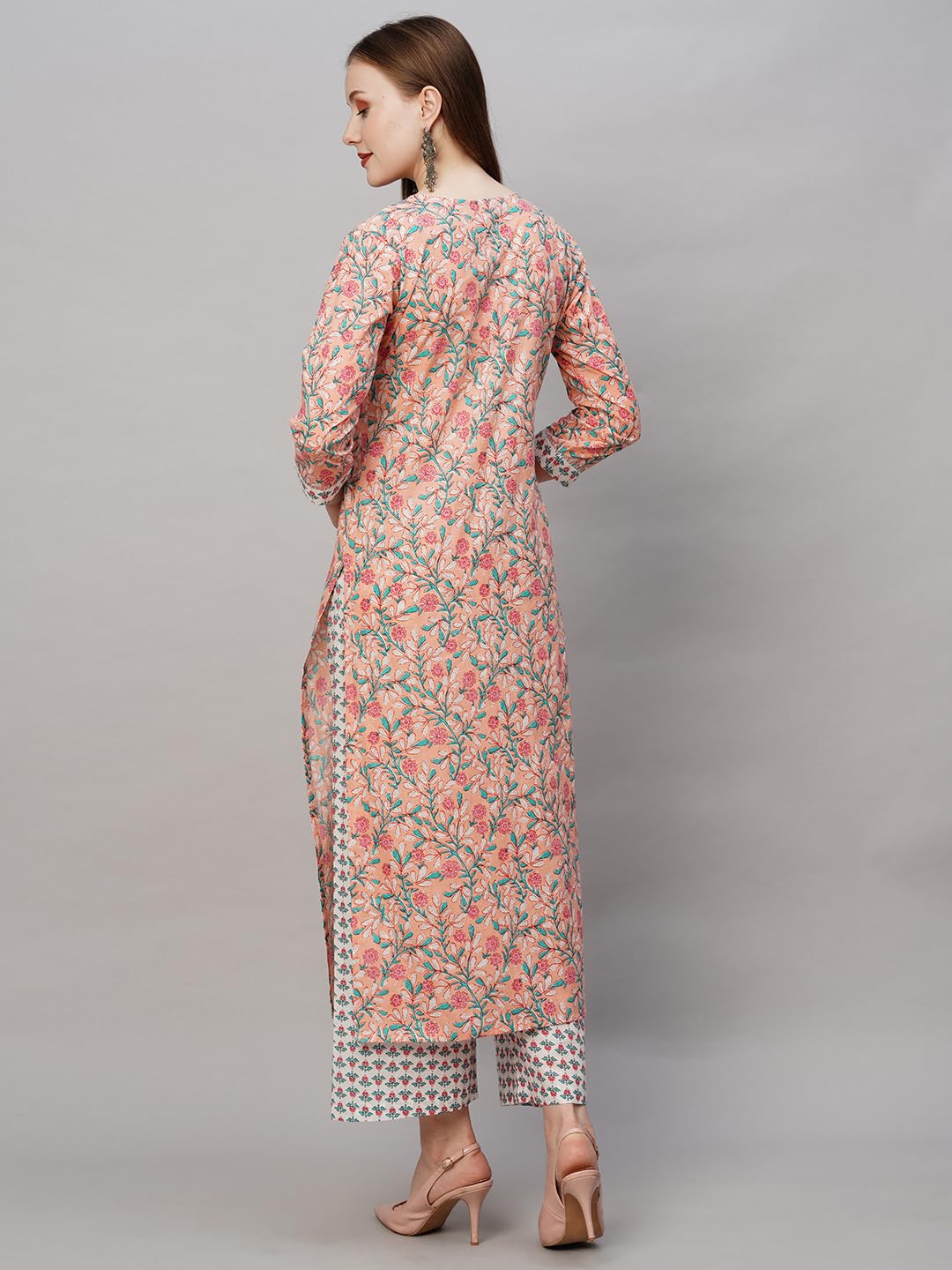 Anni Designer Women'S Cotton Blend Printed Straight Kurta With Pant (Cam Peach_Xxl_Peach_Xx-Large),Peach,2XL,Cotton Blend,Regular,