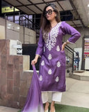 Anni Designer Women'S Rayon Blend Straight Embroidered Kurta With Pant & Dupatta (Fresh-Lavender_L_Purple_Large),Purple,L,,,