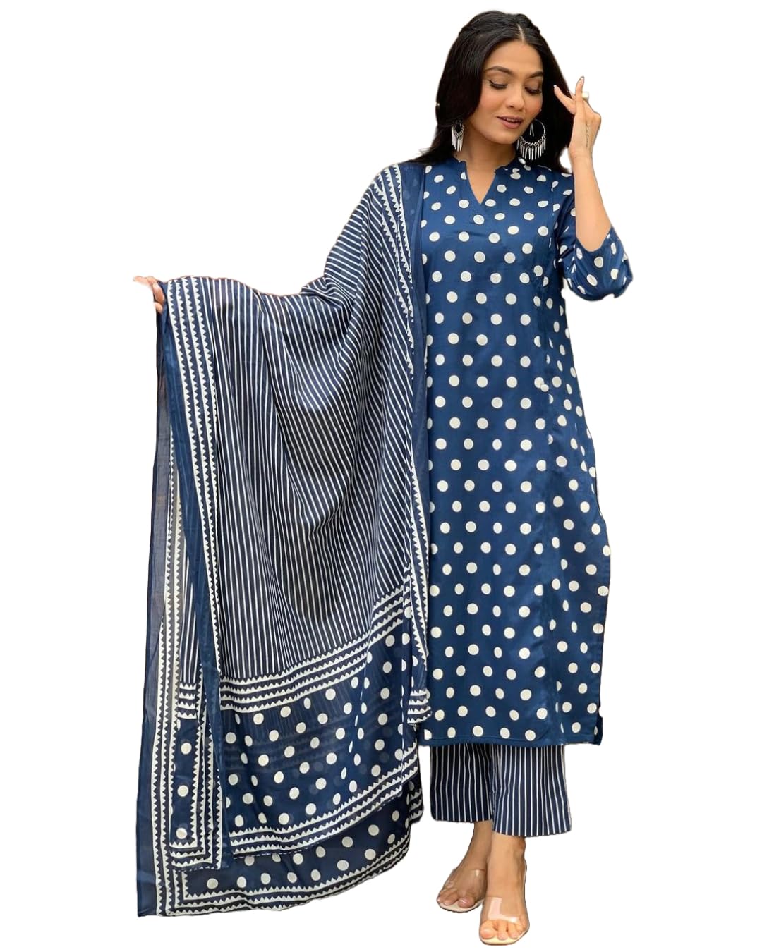 Anni Designer Women'S Cotton Blend Straight Printed Kurta With Pant & Dupatta (Lotoji Blue_L_Blue_Large),Blue,L