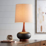 360 Lighting Andi Mid Century Modern Table Lamp 24.5 High Hammered Bronze Ceramic Wood Off White Tall Drum Shade for Living Room
