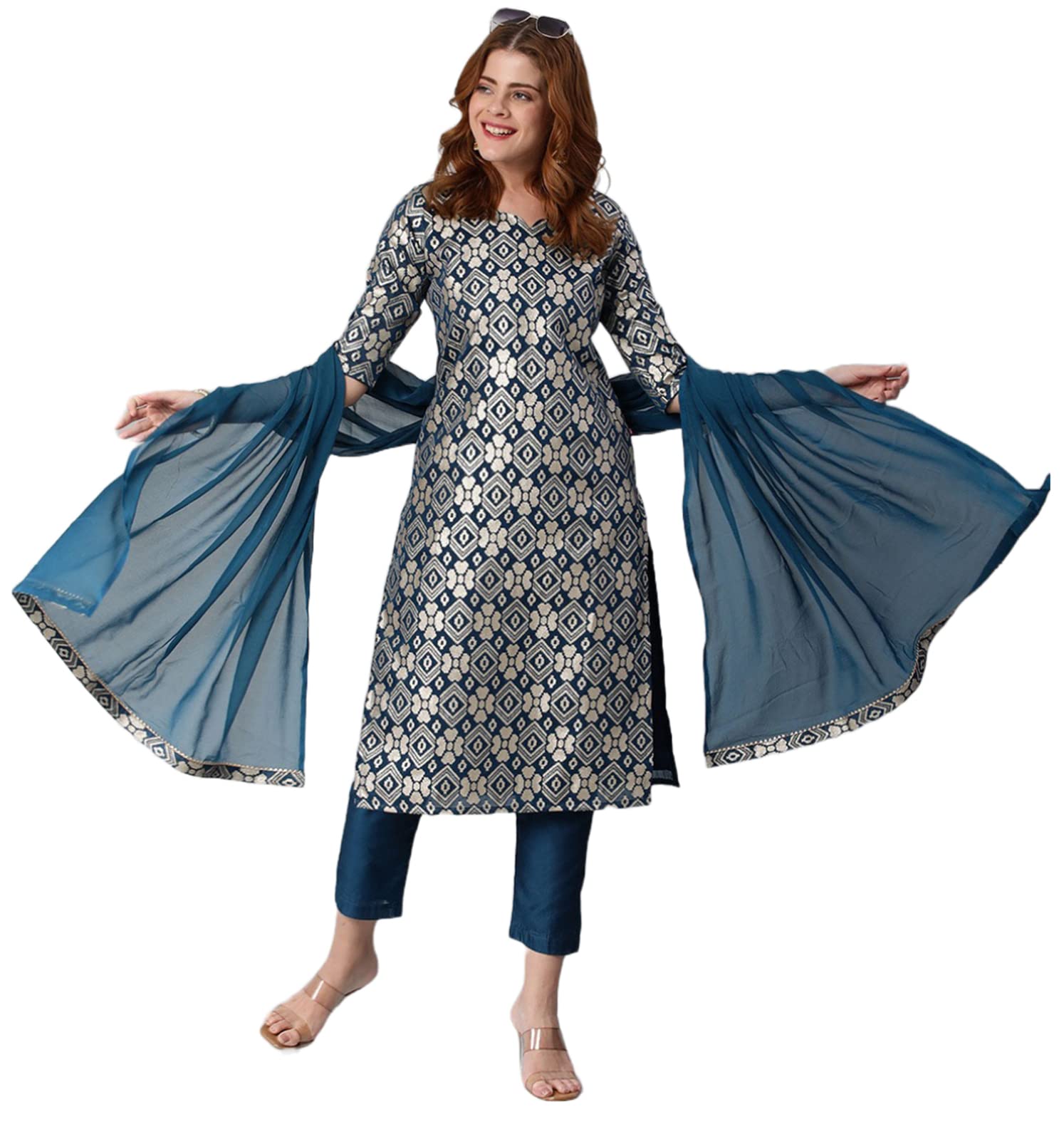Anni Designer Women'S Banarasi Woven Straight Embellished Printed Kurta With Pant & Dupatta (Kabzaa-Cerosin-Nw_M_Dark Blue_Medium),Dark Blue,M