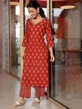 Libas Womens Printed Cotton Straight Kurta With Palazzos Rust 2Xl