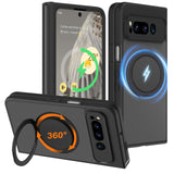 HikerClub Magnetic Stand Case for Pixel Fold (2023), 360 Rotatable Ring Holder, Slim Fit Anti-Scratch Translucent Frosted Black 