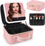 Vanity Mirror Makeup Bag For Women, Travel Cosmetic Organizer Case With Lighted Touch Screen Mirror, Adjustable Compartments, Po