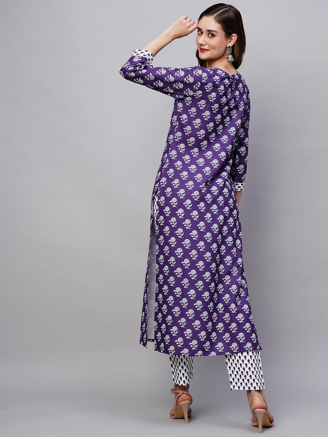 Anni Designer Women'S Cotton Blend Straight Printed Kurta With Pant (Gulgula Begani-Nw_M_Purple_Medium),Purple,M,Cotton Blend,Regular,Kurta