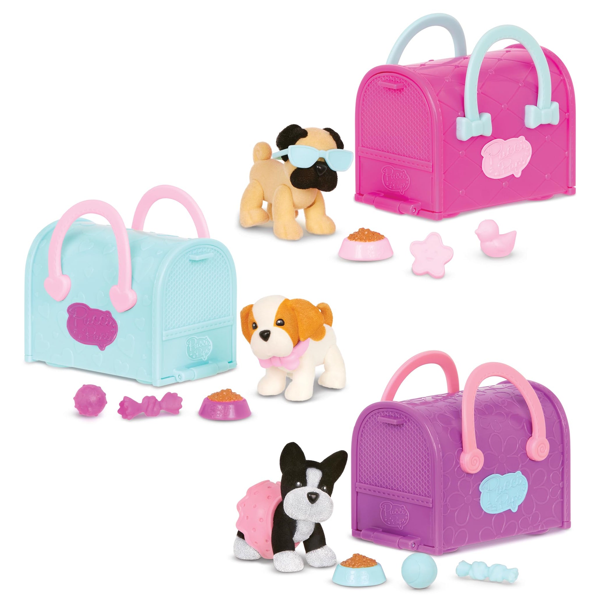 Pucci Pups - Collectible Puppy Set - Boston Terrier, Pug, Shih Tzu - Carrier Purse - Dog Accessories Included - Toys for Kids 3+