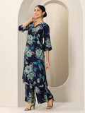 Libas Womens Printed Silk Blend Straight Kurta With Palazzos Blue M 99222