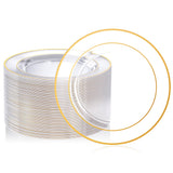 FOCUSLINE 100 Count 10 Inch Clear and Gold Plastic Plates, Disposable Heavy Duty Clear Plates with Gold Rim, Premium Hard Plasti