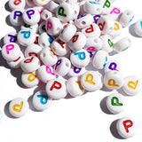 Yiizzxin 200pcs Colorful Acrylic Letter P Beads,4x7mm Round Flat Multicolor Letter P Beads,White Background Mixed Color Alphabet