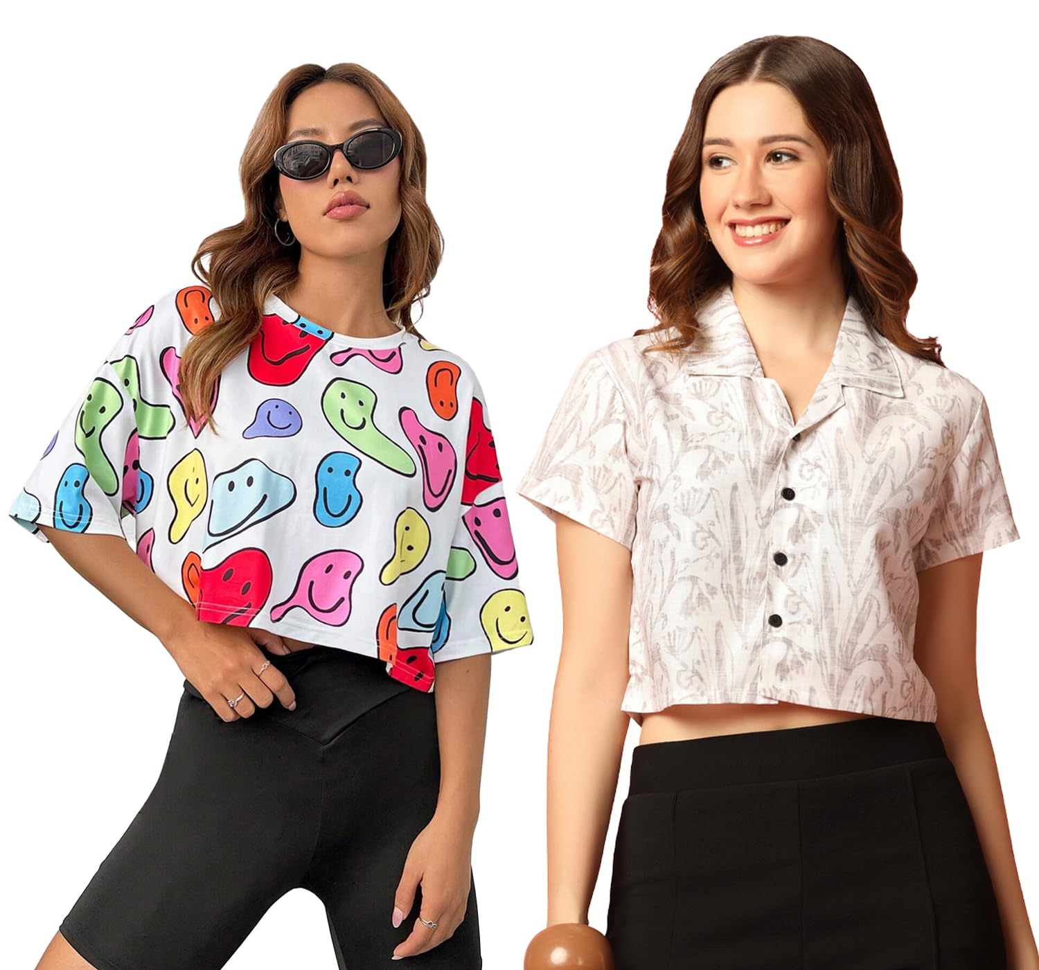 Toplot Women'S Casual Printed Crop Top With Short Sleeve Pack Of 2 (Combo-5135-Wht-Mlt-M),White-Multi,,B0CCXW6C9T