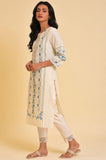 W For Woman Ecru Floral Printed Cotton Straight Long Kurta Ecru M