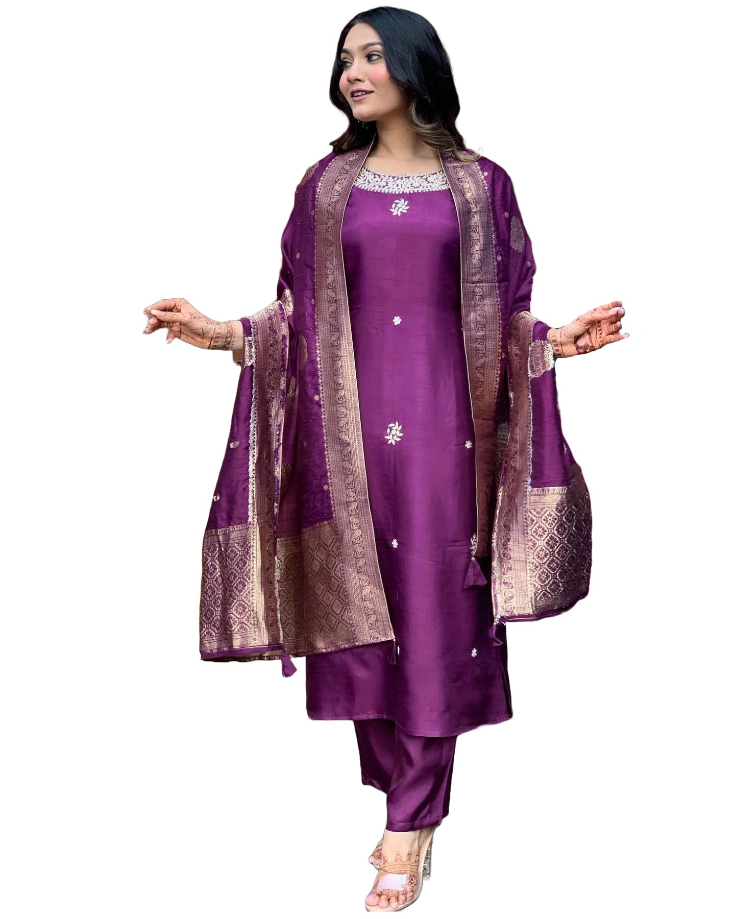 Gosriki Women'S Cotton Blend Straight Embroidered Kurta With Pant & Dupatta (Beyond Purple-Gs_S_Purple_Small),Purple,,B0CQ2Q2SVJ