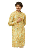 Manyavar Men's Peach Yellow Floral Printed Kurta (XL)
