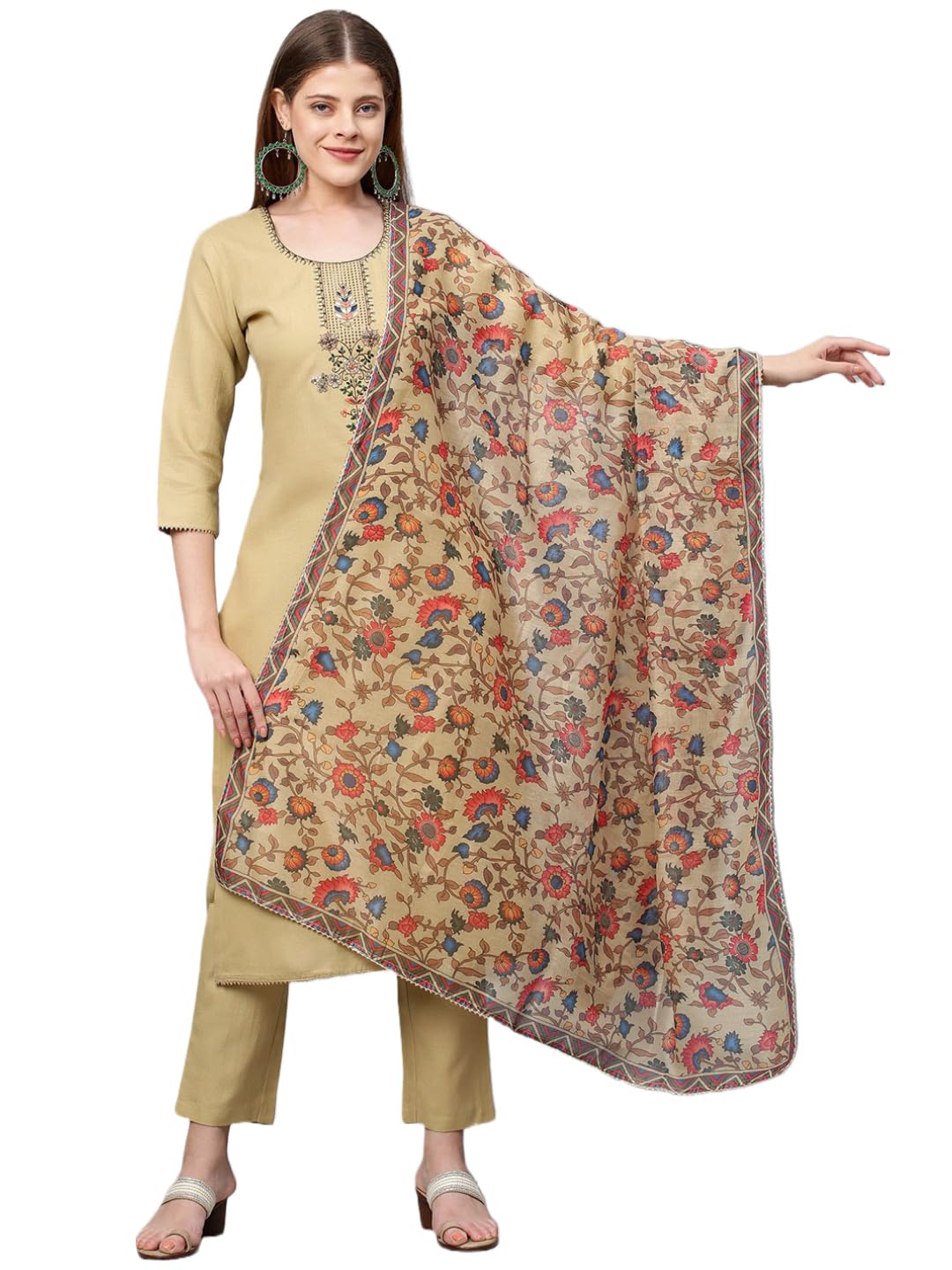 Anni Designer Women'S Cotton Blend Straight Printed Kurta With Pant & Dupatta (Authentic Beige_Xxl_Xx-Large_Beige),Beige,2XL