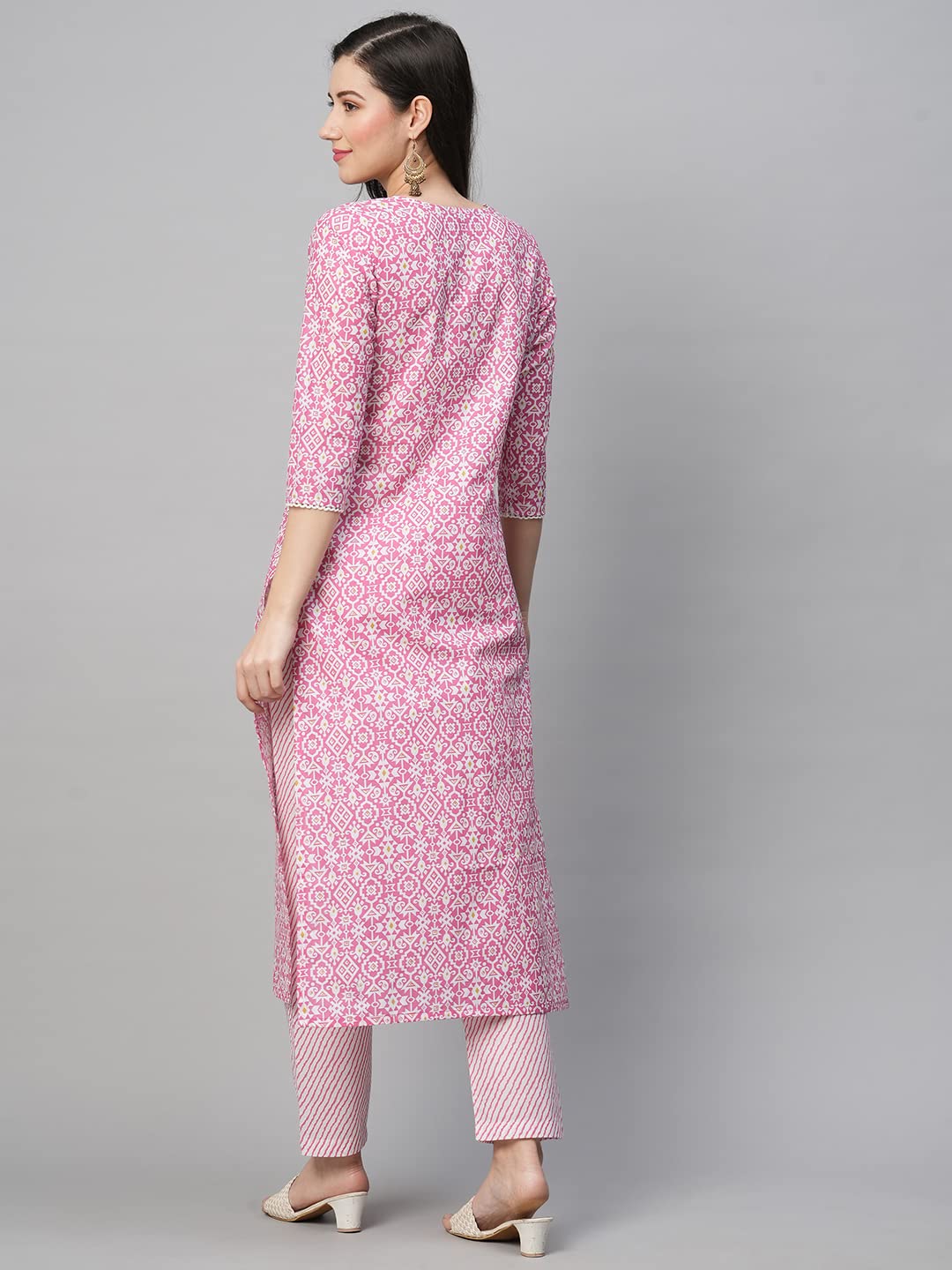 Anni Designer Women'S Cotton Blend Printed Straight Kurta With Pant (Kavi Pink-Nwfb08_L_Pink_Large),Pink,L,Cotton Blend,Regular,Pants