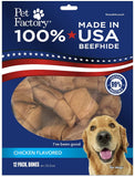 Pet Factory 100% Made in USA Beefhide 6 Knotted Bones Dog Chew Treats - Chicken Flavor, 12 Count/1 Pack