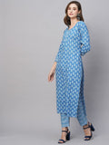 Anni Designer Women'S Cotton Blend Straight Printed Kurta With Pant (Desi Blue_Xl_Blue_X-Large),Blue,XL,Cotton Blend,Regular,